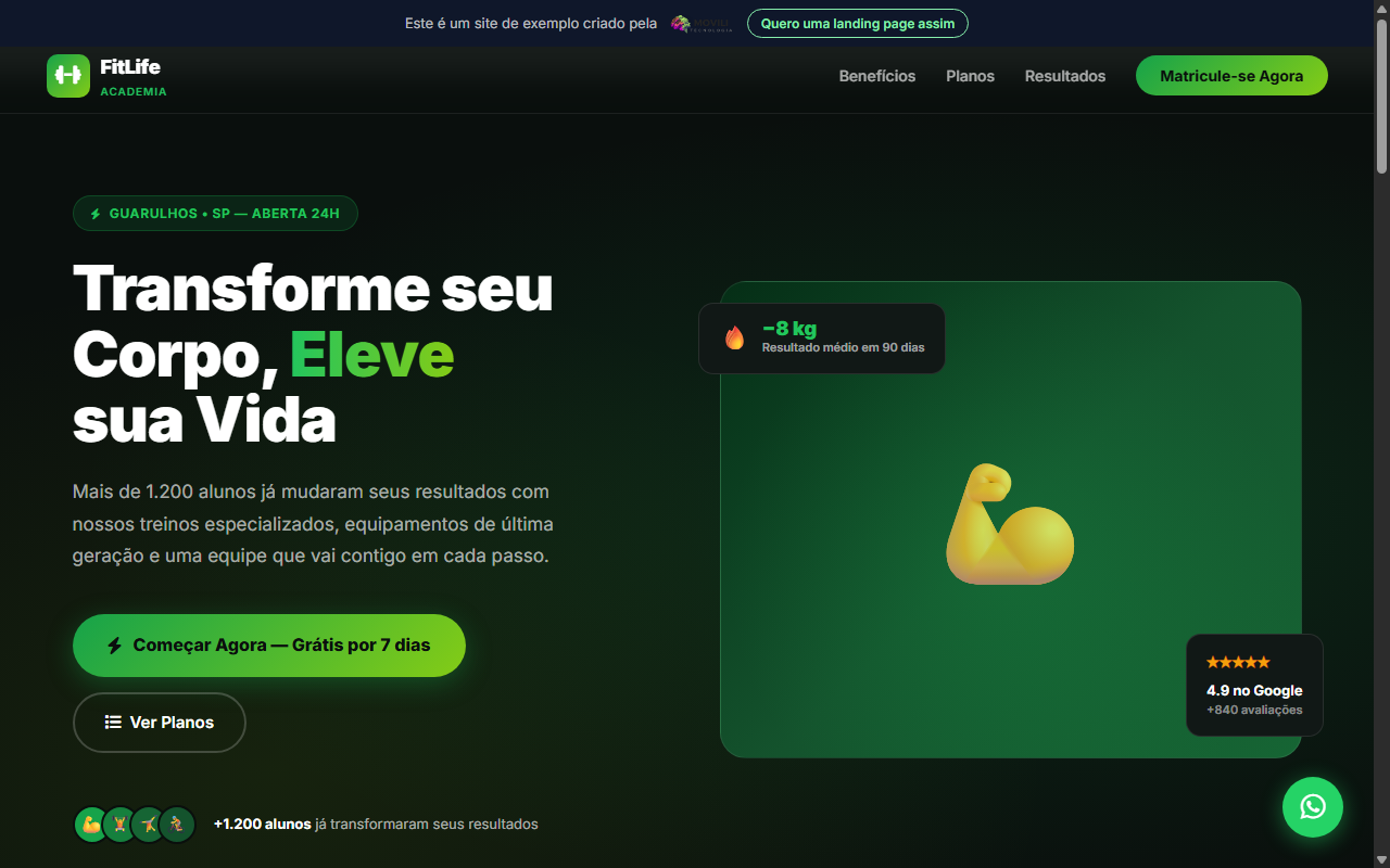 Landing page da Academia FitLife para captação de alunos